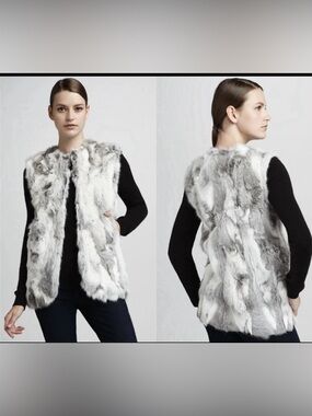 Adrienne Landau Genuine Real Rabbit Fur Vest Gilet Size L Gray White Luxury